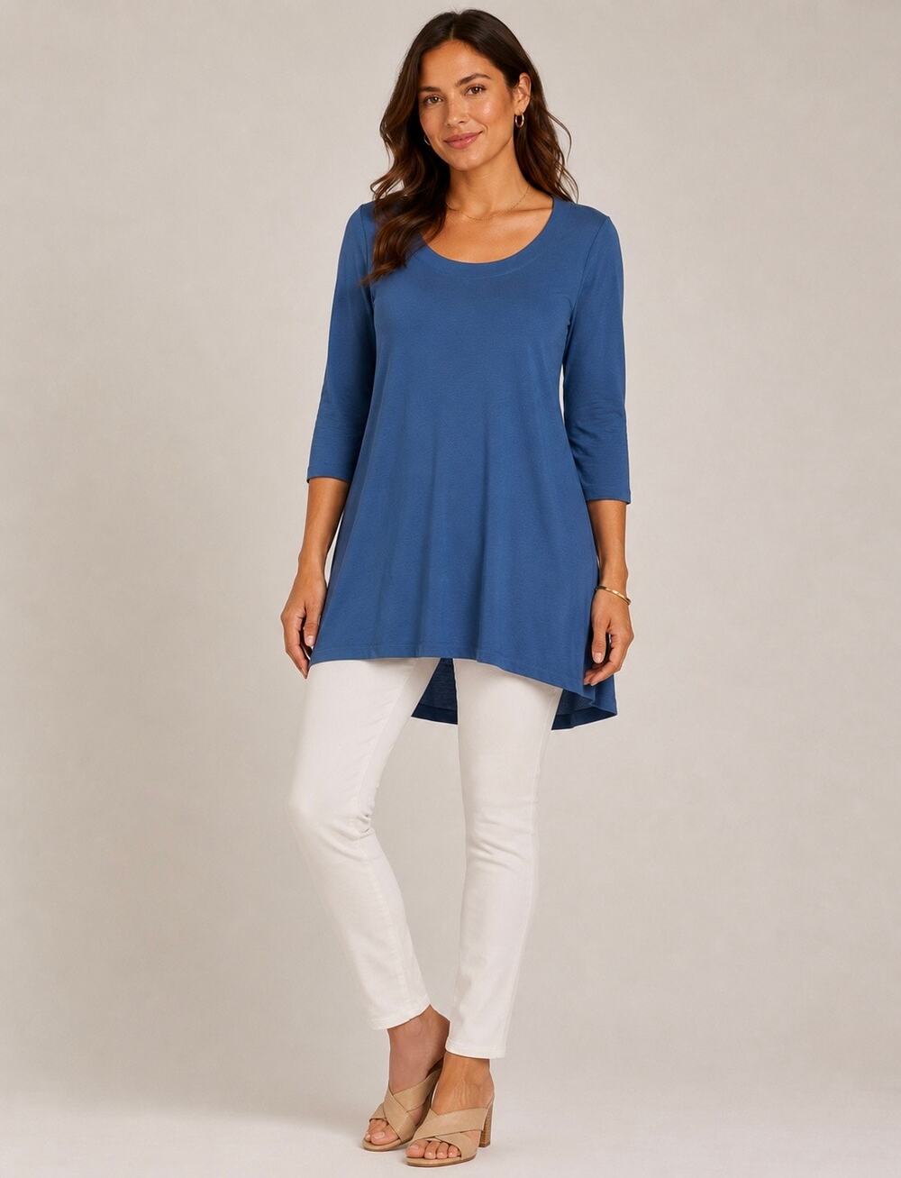Peruvian Connection Tunic T-Shirt Top Blue Medium 3/4 Sleeve Cotton Modal